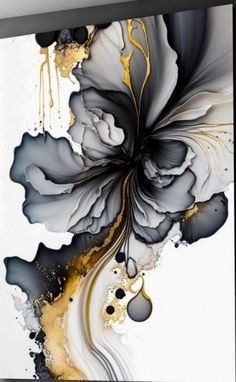 an abstract painting with black and white flowers