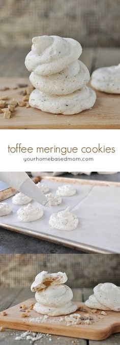 three different views of white meringue cookies stacked on top of each other with the words, toffe meringue cookies