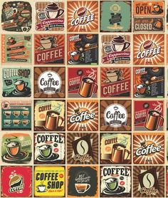 an assortment of coffee labels and stickers