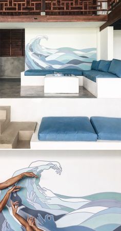 two pictures of the inside of a room with blue couches and paintings on the walls