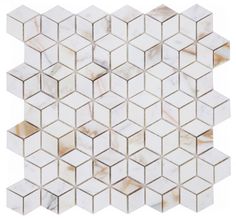 a white and brown marble mosaic tile with hexagonals in the middle, on a white background