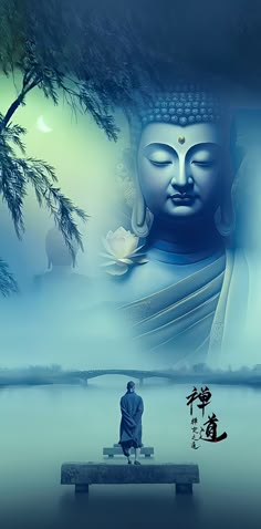 a person sitting on a bench in front of a buddha statue