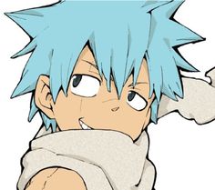 an anime character with blue hair wearing a towel around his neck and pointing to the side