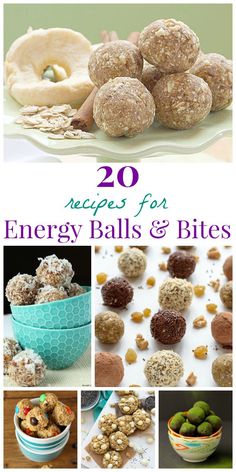 the cover of 20 recipes for energy balls and bites, with pictures of different foods