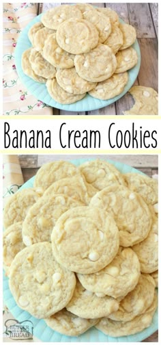 banana cream cookies are stacked on top of each other and ready to be eaten in the oven