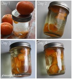 four pictures showing how to make oranges in a mason jar