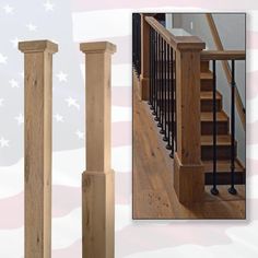 an american flag is in the background next to two wooden banisters