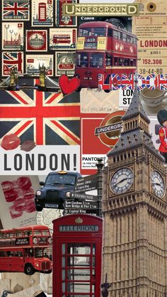 a collage of london, big ben and the british flag is featured in this image