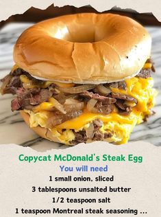 a poster with instructions for how to make a beef and cheese breakfast sandwich on a bagel bun