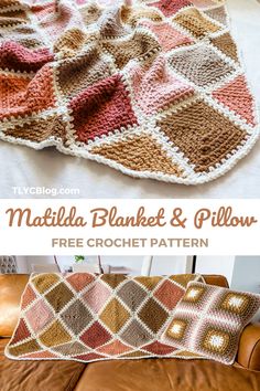 a crocheted blanket and pillow on a couch