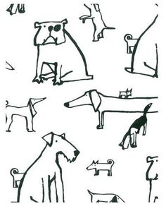 black and white drawing of dogs in various poses