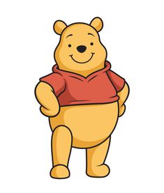 a winnie the pooh character standing with his hands on his hips and wearing a red shirt