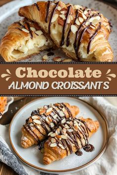 chocolate almond croissants on a white plate