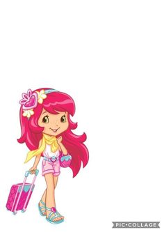 a girl with pink hair holding a suitcase