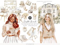 the watercolor clip art set includes two women in dresses and accessories