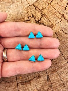 Triangle studs ROCK!! Especially these! Handcrafted White Buffalo or Kingman Turquoise stud earrings 925 sterling silver. Nickel and lead free posts. ★ MADE TO ORDER Turquoise Tuesday, Real Turquoise Jewelry, Handmade Turquoise Jewelry, Squash Blossoms, Triangle Stud Earrings, Stacker Rings, Triangle Earrings Stud, Pearl Accessories, Turquoise Jewelry Native American