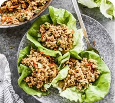 lettuce wraps filled with meat and carrots on a plate next to a bowl of salad