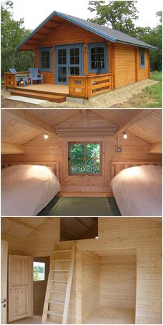 the inside and outside of a small cabin with stairs leading up to the second floor