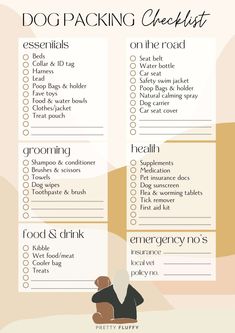 a printable dog packing checklist is shown with the words, food and drink list