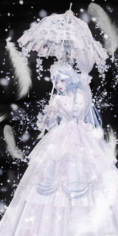 a woman in a white dress holding an umbrella with feathers flying around her and snow falling on the ground