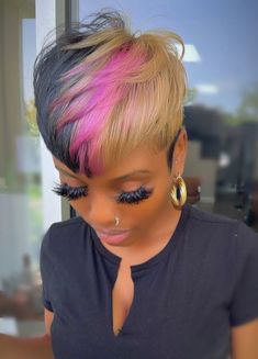 Multi Color Pixie Hair, Pixie Haircut Color Ideas Black Women, Pink Pixie Cut Black Women, 27 Piece Quick Weave Hairstyles, Women Bob Haircut, Pink Pixie Cut, Finger Waves Short Hair, Short Hair Designs, Mohawk Styles