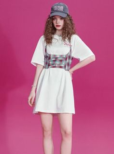 ❤Check suspender top swanpiece❤ Sweet T, Press The Button, Heart Bag, Tshirt Skirt, Shirt Skirt, Top Dress, A Line Skirts, White And Black, White Dress