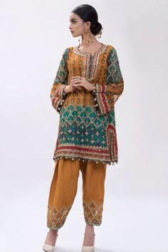 Buy Pakistani Party Dresses-Latest Mehndi Party Wear in Mustard Color-Pakistani Party Wear With Dabka, Nagh, Zari, Embroidery, Patch Work In USA, UK, Canada, Australia Visit Now : www.NameerabyFarooq.com or Call / Whatsapp : +1 732-910-5427 Kurti Skirt, Brown Clothes, Latest Pakistani Fashion, Mehndi Party, Party Wears, Indigo Dress, Makeup Tip, Desi Wedding Dresses, Silk Suits