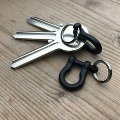 two metal keys with black handles on a wooden surface