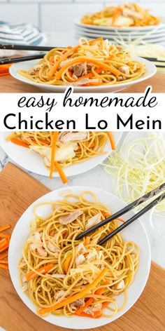 easy homemade chicken lo mein recipe with chopsticks on the side and in bowls