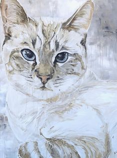 a painting of a white cat with blue eyes