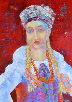 a painting of a woman with braids and beads on her head, wearing a colorful dress