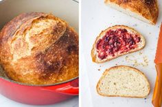 bread and cranberry sauce in a red pot next to a loaf of bread