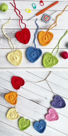 crocheted hearts hanging on strings with yarn