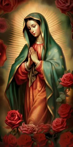 the virgin mary with roses in her hands