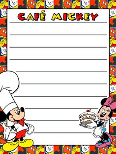 mickey mouse and minnie mouse are in front of a chef's notepad with the words cafe mickey on it