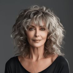 Long Curly Hair With Straight Bangs, Short Wavy Hairstyles For Women Over 50, Grey Curly Hair Over 50, Medium Length Curly Hair With Bangs, Southern Hairstyles, Curly Gray Hair Over 50 Curls, Big Curly Hairstyles, Wavy Curly Hair Cuts, Curly Hair Over 50 Women