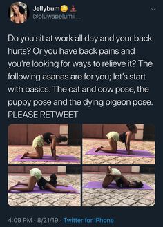 the woman is doing yoga on her mat and has an instagramtion message about it