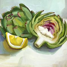 an oil painting of artichokes and lemon on a white tablecloth with blue background