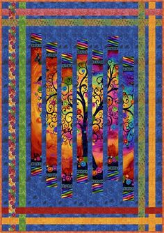 a quilted wall hanging with trees in the center and colorful colors on it's sides