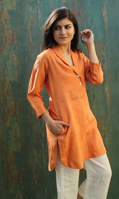 "Details:- - Tunic Length 35\" | 88 cm - Deep V-Neck Shawl collar - Shell buttons used in button placket - 3/4th sleeves Length 18\" | 46 cm with right side pocket - U-Shaped Hem with Side Slits Relax fit long tunic in pure linen Check the link below for my shop ---------------------------------------- https://www.etsy.com/in-en/shop/Magicsilvercraft https://www.etsy.com/in-en/shop/PehroDesig ---------------------------------------- ★★All the outfits are MADE TO ORDER you can share your demand f Long Tunics For Women, Linen Tops Women, Linen Tunics For Women, Tunic Outfit, Tunics For Women, Linen Summer Dress, Women Tunic, Tunic Dresses, Linen Tunic Dress