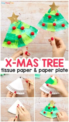 christmas tree tissue paper and paper plate craft for kids with instructions to make the x - mas tree