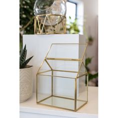 two small glass houses sitting on top of a white shelf next to a potted plant