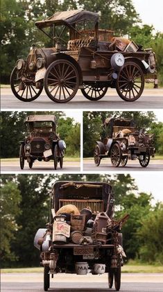 an old timey car is parked on the side of the road