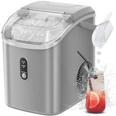 an image of a cooler with drinks coming out of it and ice cubes on the side