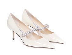 Jimmy Choo white Bing pumps, toe, patent leather, crystals detail Composition: 100% Patent Leather/ Leather Sole Designer White Heels With Rhinestones, White Designer Heels With Rhinestones, White Patent Leather Heels For Wedding, White Patent Leather Wedding Heels, Jimmy Choo Bing, Galaxy Stuff, Expensive Shoes, Vintage Heels, Alessandra Rich