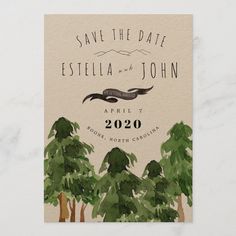 save the date card with trees and mountains