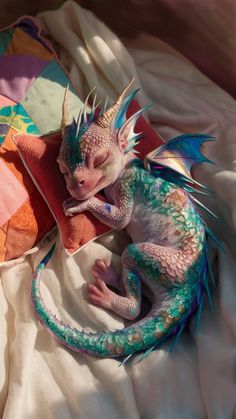 a small dragon laying on top of a pillow