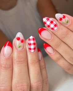 These nails feature a vibrant summer design with red French tips, cherry accents, and a playful red and white gingham pattern. Perfect for a picnic in the sun!  🌸Click on the image to shop our trending Korean Gel Polish this season.  🌸Credit: dazeynailco on Instagram 🌸summer nails, red French tips, cherry nails, gingham nails, picnic nails, Korean gel polish, nail art, red and white nails, cherry accents, trendy nails, summer nail trends, nail design, summer manicure, fresh nails, vibrant nails, picnic-inspired nails, Korean nail trends, gel polish, seasonal nails, Instagram nails August Nails Almond Shape, Latin Nail Designs, Cherry Checker Nails, Red Cherry Nail Designs, Mod Nail Art, Cute Nail Polish Ideas, Red Pink And White Nails, Picnic Nails Design, Cherry Summer Nails