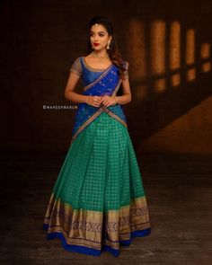 Traditional Half Saree Designs, Traditional Half Saree, Silk Half Saree, Sari Lehenga, Langa Voni, Lehenga Saree Design, Half Saree Lehenga, Lehnga Dress, Green Lehenga