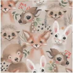 an animal themed wallpaper with foxes, deers and flowers on the back ground